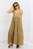 Zenana Full Size Spaghetti Strap Tiered Dress with Pockets in Khaki