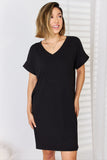 Zenana Full Size Rolled Short Sleeve V-Neck Dress